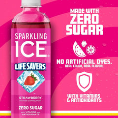 Sparkling Ice LIFESAVERS Strawberry, Zero Sugar Flavored Sparkling Water, with Vitamins and Antioxidants. No Artificial Dyes, Low Calorie Beverage, 17 fl oz Bottles (Pack of 12)