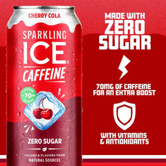 Sparkling Ice® Caffeine Soda Shoppe Cherry Cola Perfectly Caffeinated® Sparkling Water with 70mg Caffeine, Zero Sugar, with Antioxidants and Vitamins, 16 fl oz Cans (Pack Of 12)