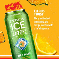 Sparkling Ice Caffeine, Citrus Twist Sparkling Water with Caffeine, Zero Sugar, with Antioxidants and Vitamins,16 fl oz Can