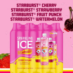 Sparkling Ice® STARBURST™ Variety Pack, Zero Sugar Flavored Sparkling Water, with Vitamins and Antioxidants, Low Calorie Beverage, 17 fl oz, 12 count (Strawberry, Cherry, Fruit Punch, Watermelon)
