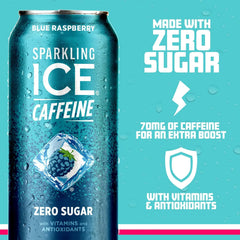 Sparkling Ice Caffeine, Blue Raspberry Sparkling Water with Caffeine, Zero Sugar, with Antioxidants and Vitamins,4/16oz