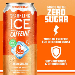 Sparkling Ice® Caffeine Soda Shoppe Orange Cream Perfectly Caffeinated® Sparkling Water with 70mg Caffeine, Zero Sugar, with Antioxidants and Vitamins, 16 fl oz Cans (Pack Of 12)