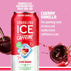 Sparkling Ice Caffeine Cherry Vanilla Sparkling Water with Caffeine, Zero Sugar, with Antioxidants and Vitamins,16 fl oz Cans (Pack Of 12)