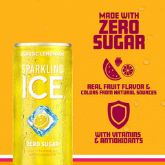 Sparkling Ice Classic Lemonade Sparkling Water, with Antioxidants and Vitamins, Zero Sugar, 7.5 fl oz Mini Cans (Pack Of 10)