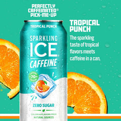Sparkling Ice Caffeine Tropical Punch Sparkling Water with Caffeine, Zero Sugar, with Antioxidants and Vitamins,16 fl oz Cans (Pack Of 12)