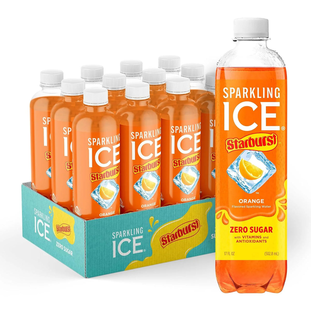 Sparkling Ice STARBURST Orange, Zero Sugar Flavored Sparkling Water, with Vitamins and Antioxidants, Low Calorie Beverage, 17 fl oz Bottles (Pack of 12).