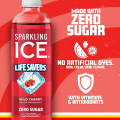 Sparkling Ice LIFESAVERS Wild Cherry, Zero Sugar Flavored Sparkling Water, with Vitamins and Antioxidants. No Artificial Dyes, Low Calorie Beverage, 17 fl oz Bottles (Pack of 12)