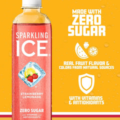Sparkling Ice, Strawberry Lemonade Sparkling Water, Zero Sugar Flavored Water, with Antioxidants and Vitamins, 17 fl oz Bottle