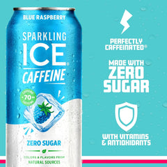 Sparkling Ice Caffeine Blue Raspberry Sparkling Water with Caffeine, Zero Sugar, with Antioxidants and Vitamins,16 fl oz Cans (Pack Of 12)