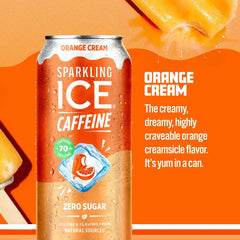 Sparkling Ice® Caffeine Soda Shoppe Orange Cream Perfectly Caffeinated® Sparkling Water with 70mg Caffeine, Zero Sugar, with Antioxidants and Vitamins, 16 fl oz Cans (Pack Of 12)