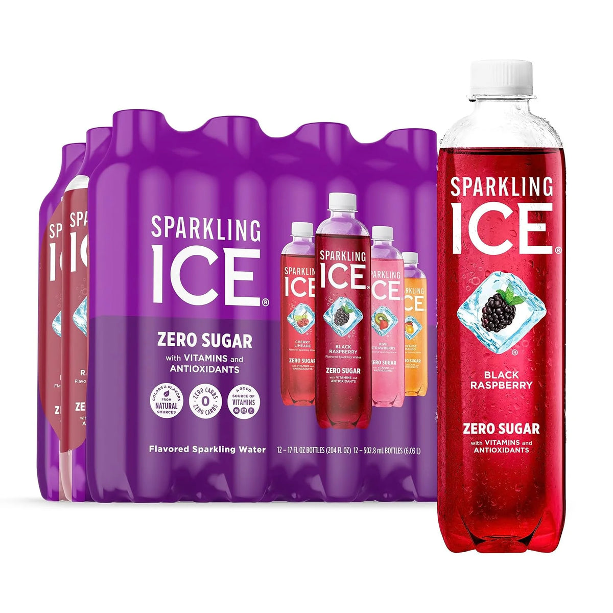 Sparkling Ice Purple Variety Pack, Flavored Water, Zero Sugar, with Vitamins and Antioxidants, 17 fl oz, 12 count (Black Raspberry, Cherry Limeade, Orange Mango, Kiwi Strawberry)