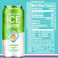 Sparkling Ice Caffeine Variety Pack,Flavored Sparkling Water,Zero Sugar,with Vitamins and Antioxidants,16 fl oz,(Citrus Twist,Black Raspberry,Blue Raspberry,Strawberry Citrus),(Pack of 24)