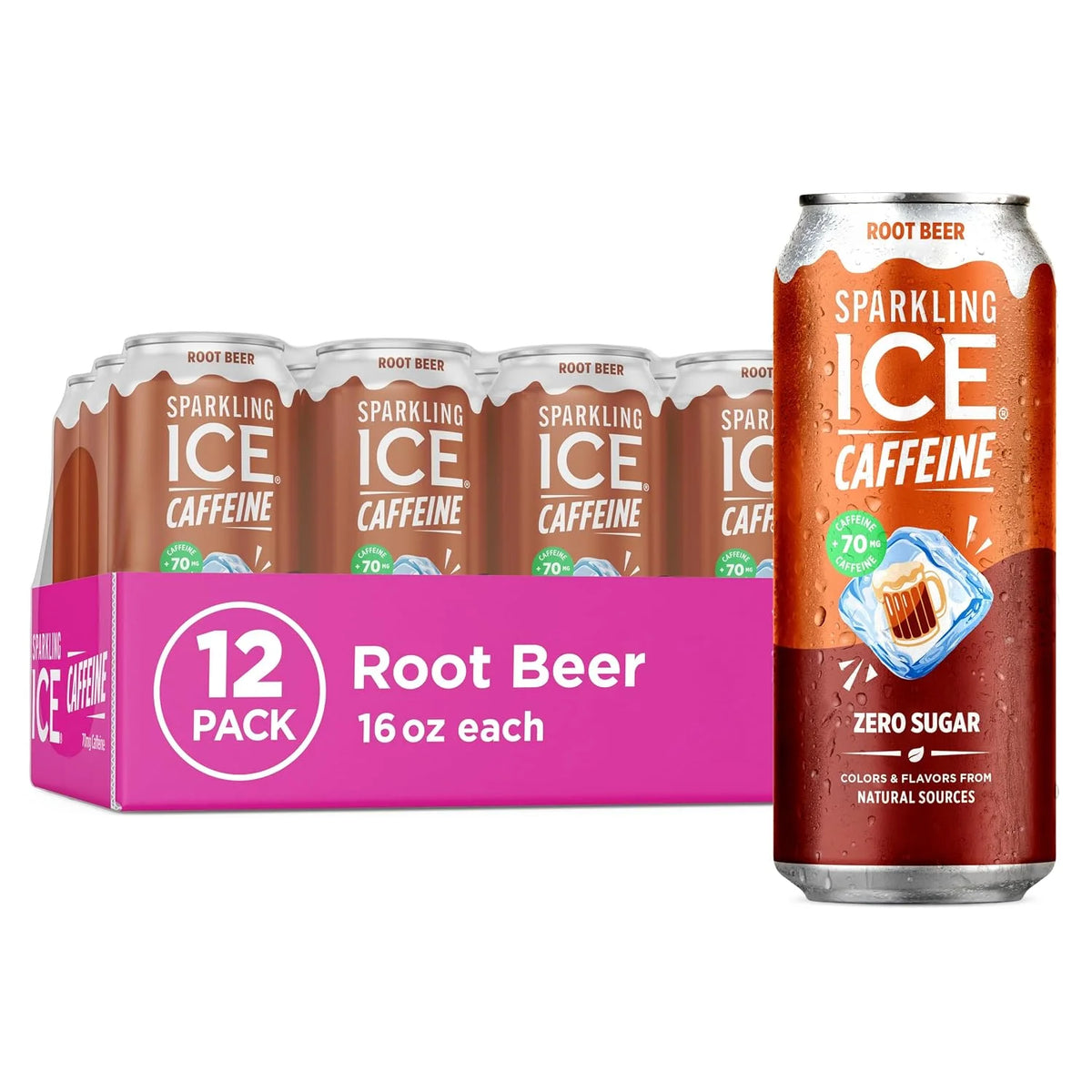 Sparkling Ice® Caffeine Soda Shoppe Root Beer Perfectly Caffeinated® Sparkling Water with 70mg Caffeine, Zero Sugar, with Antioxidants and Vitamins, 16 fl oz Cans (Pack Of 12)