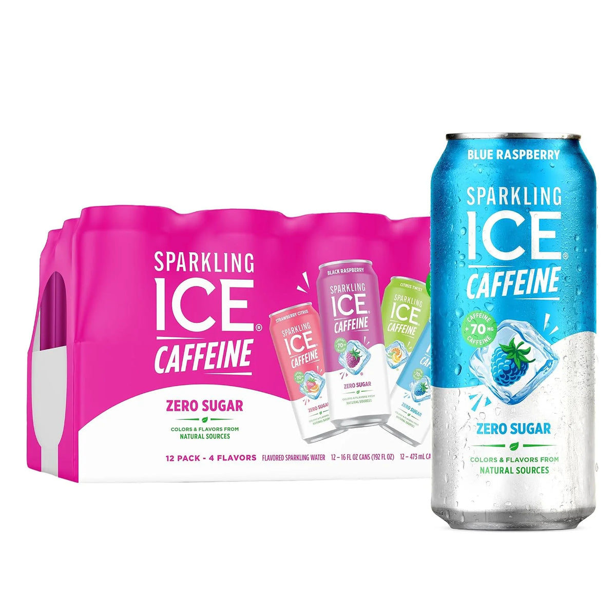 Sparkling Ice Caffeine Variety Pack, Flavored Sparkling Water, Zero Sugar, with Vitamins and Antioxidants, 16 fl oz, 12 count (Citrus Twist, Black Raspberry, Blue Raspberry, Strawberry Citrus)