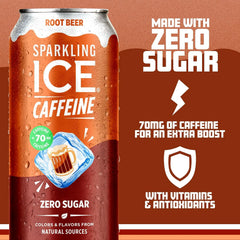 Sparkling Ice® Caffeine Soda Shoppe Root Beer Perfectly Caffeinated® Sparkling Water with 70mg Caffeine, Zero Sugar, with Antioxidants and Vitamins, 16 fl oz Cans (Pack Of 12)