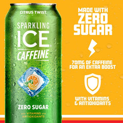 Sparkling Ice Caffeine, Citrus Twist Sparkling Water with Caffeine, Zero Sugar, with Antioxidants and Vitamins,16 fl oz Can