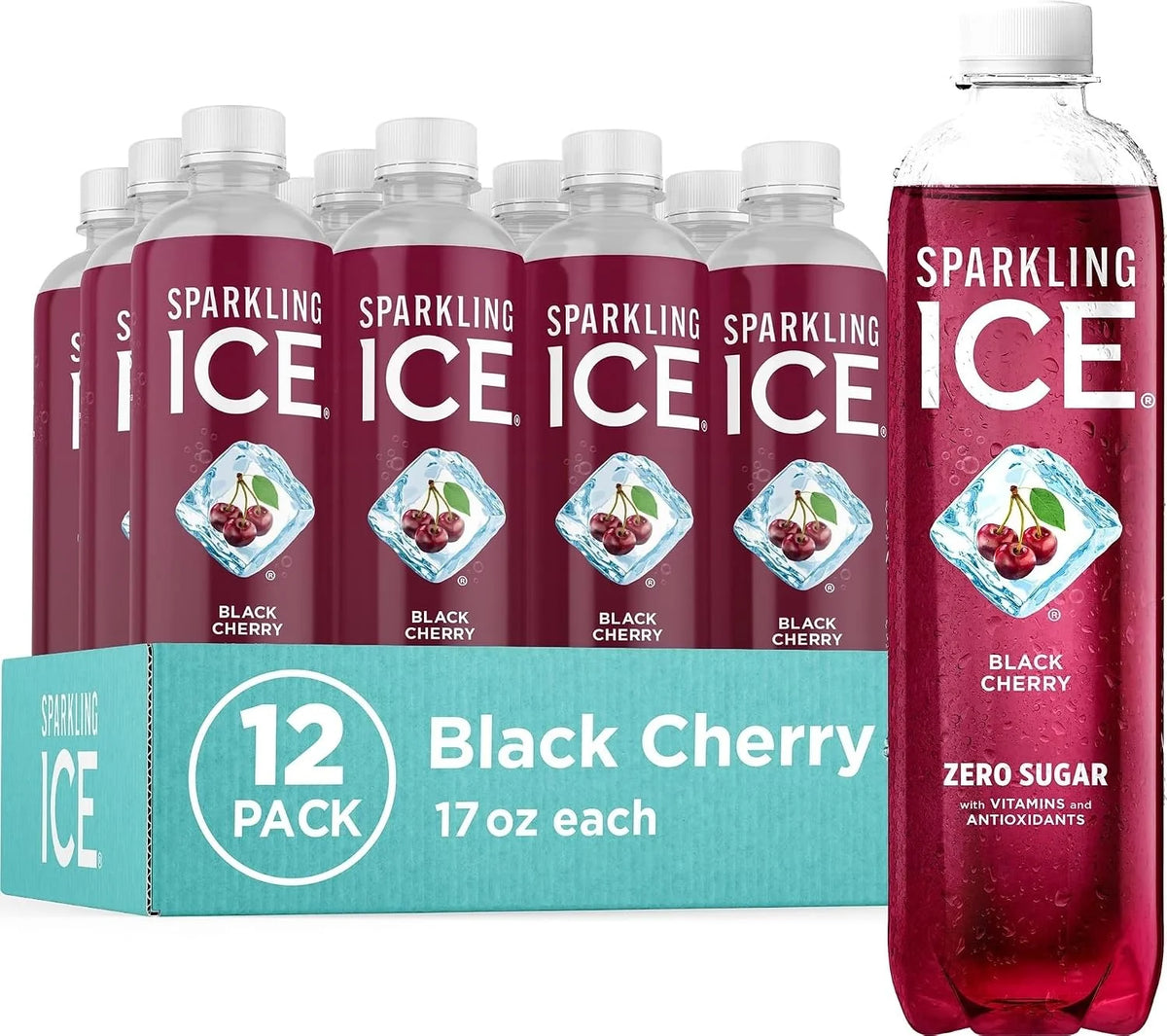 Sparkling Ice, Black Cherry Sparkling Water, Zero Sugar Flavored Water, with Vitamins and Antioxidants, Low Calorie Beverage, 17 fl oz Bottles (Pack of 12)