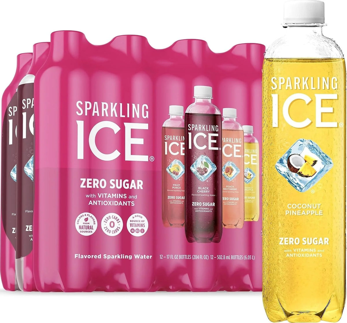 Sparkling Ice Pink Variety Pack, Flavored Sparkling Water, Zero Sugar, and Vitamins and Antioxidants, 17 fl oz, 12 count (Black Cherry, Peach Nectarine, Coconut Pineapple, Fruit Punch)