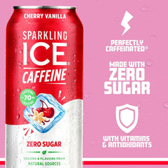Sparkling Ice Caffeine Cherry Vanilla Sparkling Water with Caffeine, Zero Sugar, with Antioxidants and Vitamins,16 fl oz Cans (Pack Of 12)