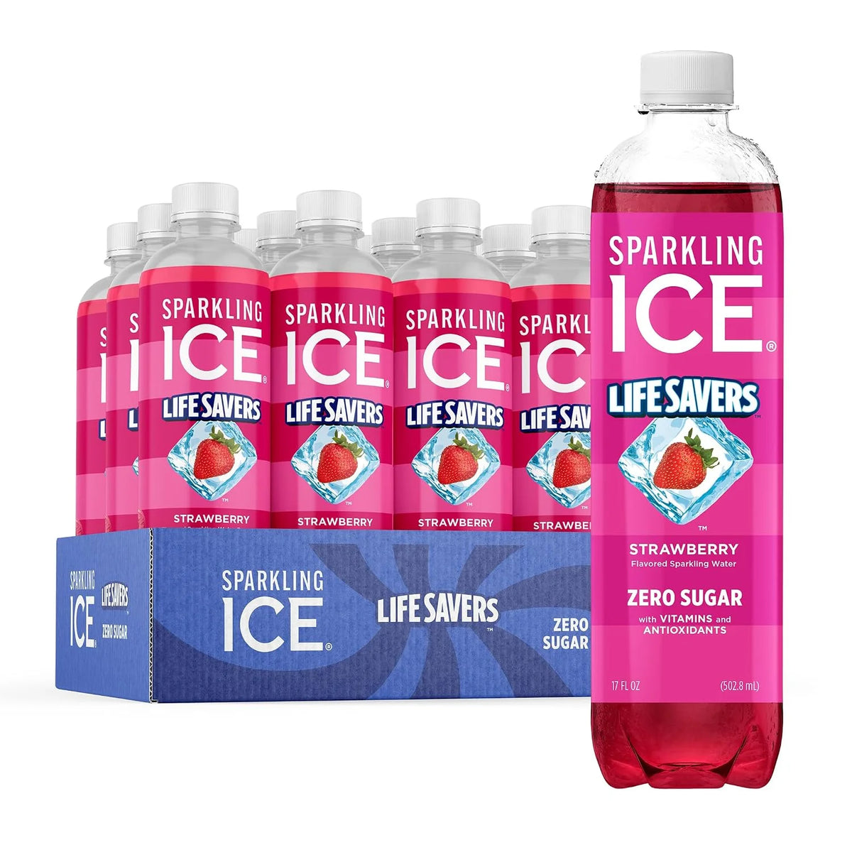 Sparkling Ice LIFESAVERS Strawberry, Zero Sugar Flavored Sparkling Water, with Vitamins and Antioxidants. No Artificial Dyes, Low Calorie Beverage, 17 fl oz Bottles (Pack of 12)
