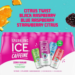 Sparkling Ice Caffeine Variety Pack, Flavored Sparkling Water, Zero Sugar, with Vitamins and Antioxidants, 16 fl oz, 12 count (Citrus Twist, Black Raspberry, Blue Raspberry, Strawberry Citrus)