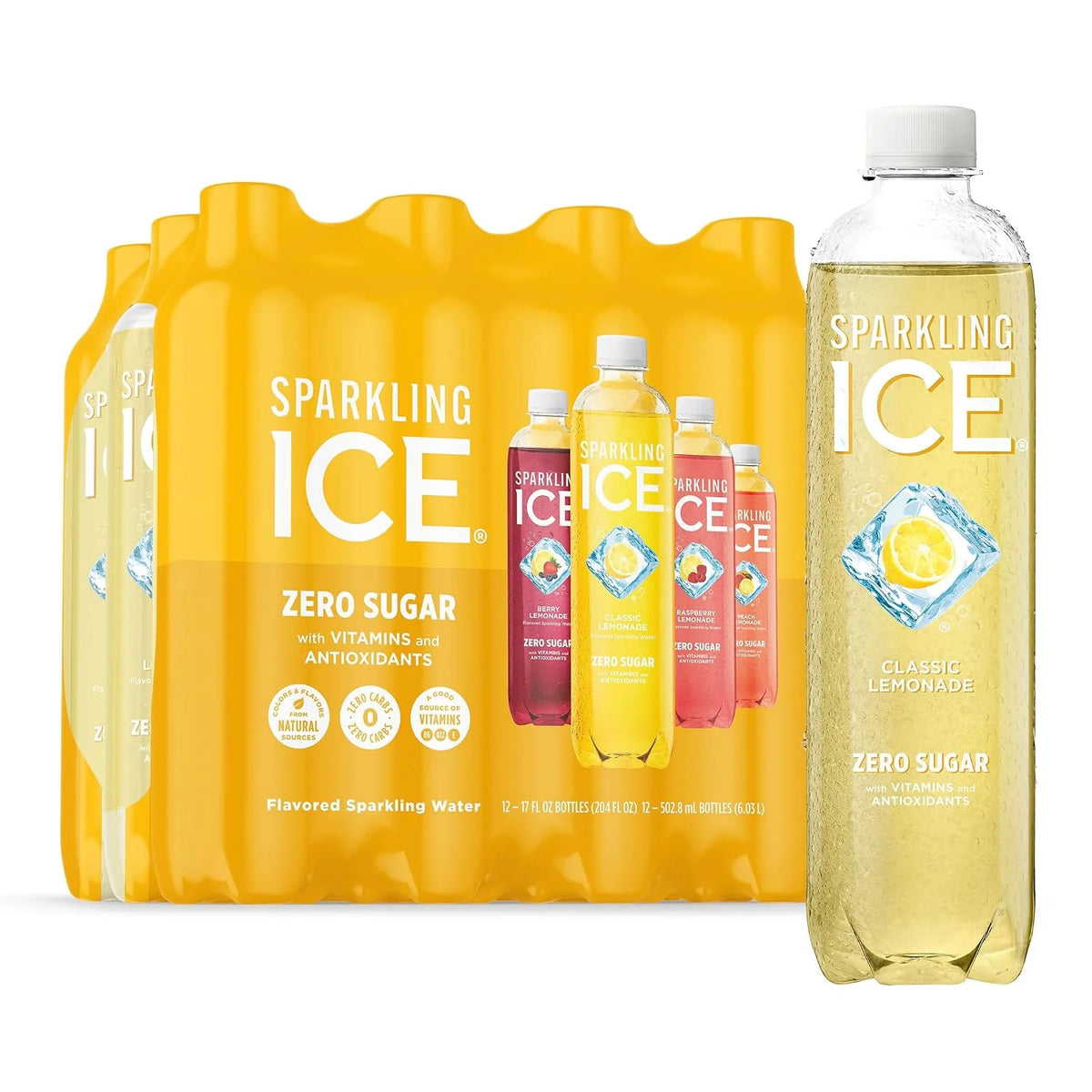 Sparkling Ice Lemonade Variety Pack, Zero Sugar Sparkling Water, with Vitamins and Antioxidants, 17 fl oz, 12 count (Lemonade Flavors: Classic, Raspberry, Peach & Berry)