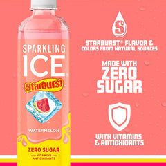 Sparkling Ice STARBURST Watermelon, Zero Sugar Flavored Sparkling Water, with Vitamins and Antioxidants, Low Calorie Beverage, 17 fl oz Bottles (Pack of 12)