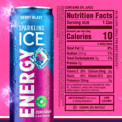 Sparkling Ice Energy Variety 12Pk. Energy Drinks with Vitamins + Antioxidants, Zero Sugar, Berry Blast, Maximum Mango, Power Punch flavors. 12 fl oz cans.