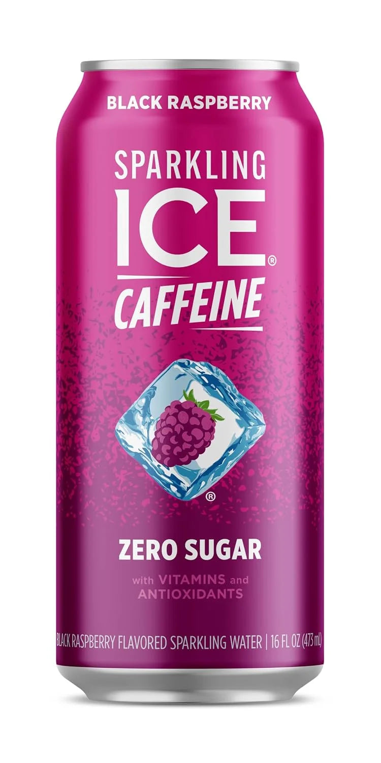 Sparkling Ice Caffeine, Black Raspberry Sparkling Water with Caffeine, Zero Sugar, with Antioxidants and Vitamins,16 fl oz Can