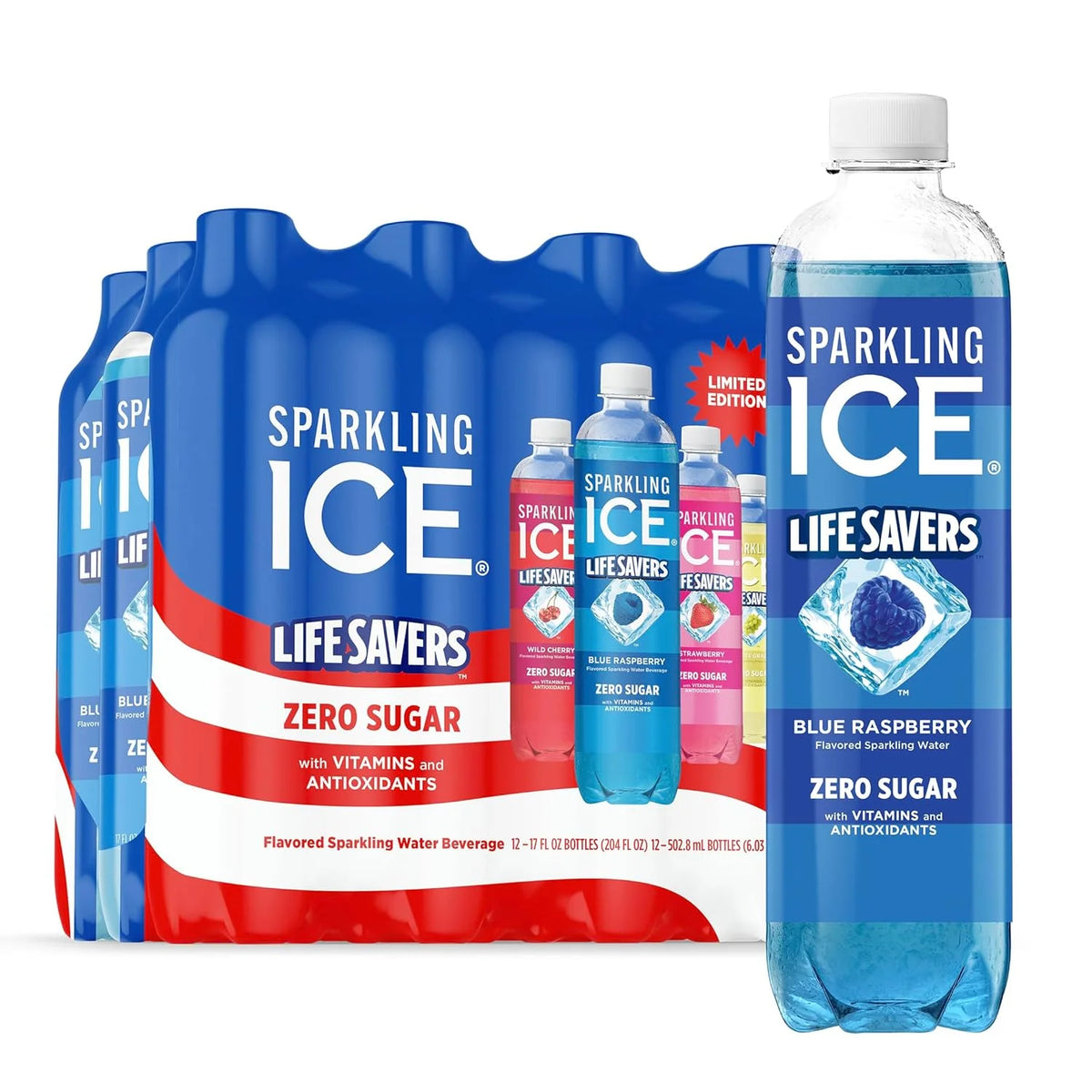 Sparkling Ice® LIFE SAVERS™ Red, White and Blue Variety pack, Zero Sugar Flavored Sparkling Water, with Vitamins and Antioxidants, Low Calorie Beverage, 17 fl oz Bottles (Pack of 12)